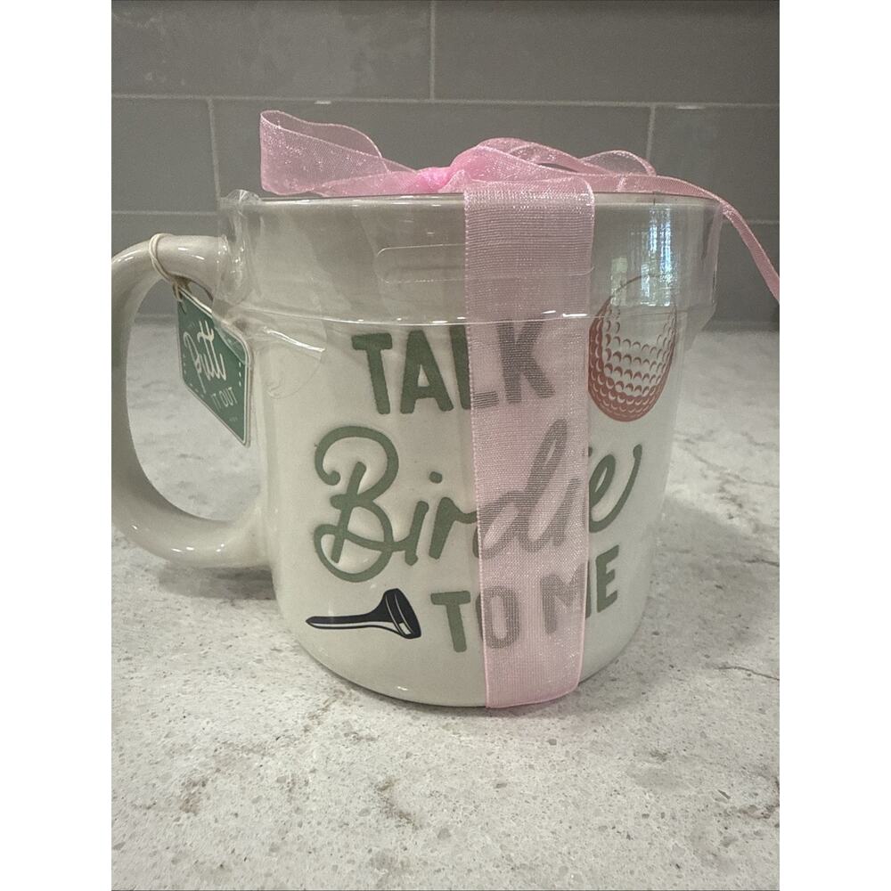 TALK BIRDIE TO ME 20oz Ceramic Mug NEW by Sunday Morning Pink Bow & Gift Tag NEW